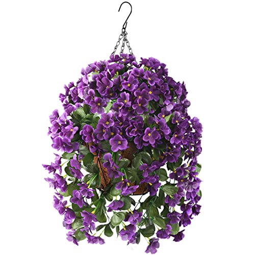 INQCMY Artificial Hanging Flowers Basket for Outdoor Summer Decoration,4pcs Faux Silk Begonia in Planter Look Real UV Resistant for Outside Home Porch Patio Balcony Yard Decor(Purple) - color: Purple