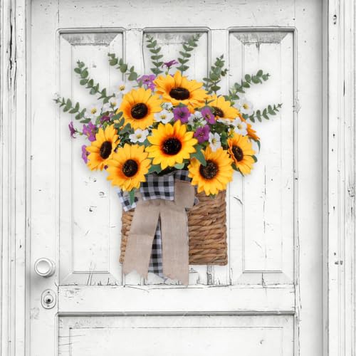 17.7" Front Door Basket with Sunflowers Basket Wreaths for Front Door | Sunflower Wreath with Daisy Fake Wildflowers for Spring Summer Porch Window Wall Garden Yard Farmhouse Home Decor - color: Yellow