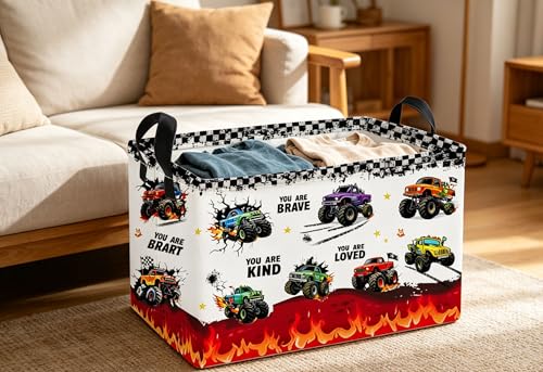 Essme Rectangular Car Baskets,Monster Truck Storage Box,Cute Basket with Handles for Room Decor, Book Bins,Shelf Basket.(Flame truck) - color: Flame truck