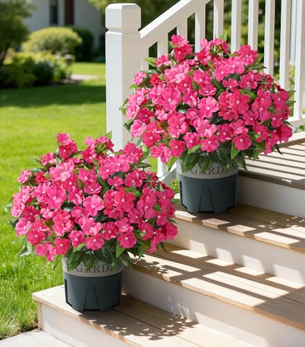 Artificial Flowers for Outdoors, 2 Set Fake Potted Flowers 12 Bundles UV Resistant Realistic Silk Faux Impatiens with Pot for Outside Balcony Garden Window Box, Rose - color: Impatiens-rose