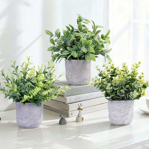 3-Pack Potted Artificial Plants, Small Eucalyptus Faux Plants for Shelf Desk Home Bathroom Farmhouse Room Coffee Table Decor (A Sage Green) - color: A Sage Green