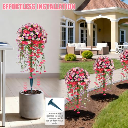 Yangrass Artificial Topiary Ball Trees with Pink Morning Glory Flowers, 3FT Faux Outdoor Plants Artificial Bushes Set of 2 with Ground Spike, UV Resistant Fake Shrubs for Front Porch Garden - color: Pink Morning Glory