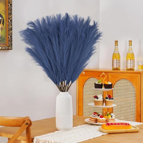 obbsie 35" Faux Pampas Grass Decor, 8pcs Large Tall Fluffy Artificial Pompous Grass Branches Floral Fake Pompas Grass Bulrush Floor Vase Filler Flower Arrangement for Home Wedding Boho Decor - Blue - color: Blue, size: 8 PCS