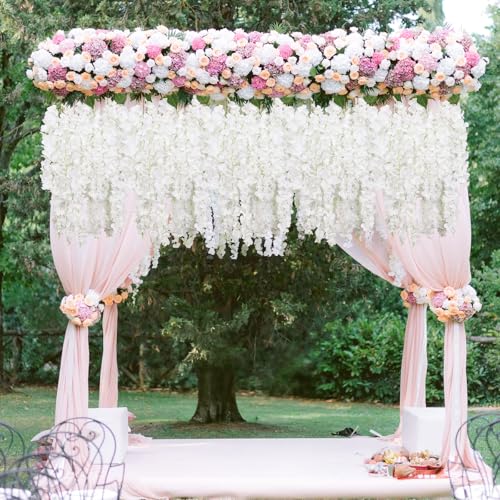 3PCS White Wisteria Hanging Flowers, 5.25ft Artificial Wisteria Garland with 6 Branches Realistic Silk White Hanging Flowers for Decoration, Wedding Arch, Party Backdrop, and Home Wall Decor - color: White