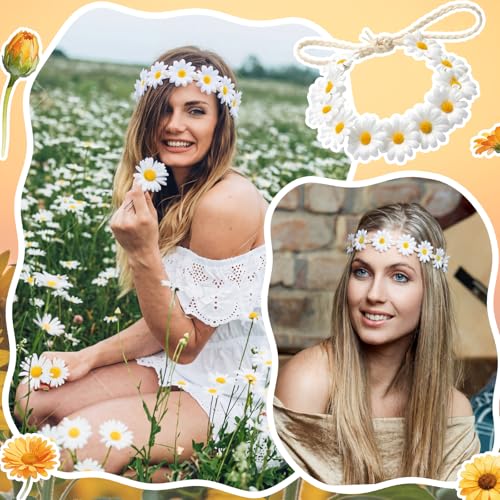 Boao 12 Pcs Daisy Headband Set for Women Girls, 2 Boho Hippie Flower Crown with 10 Daisy Hair Clips, Floral Hair Accessories for Music Festival Wedding Party Fairy Photoshoot - color: White