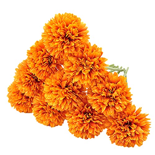 10Pcs Artificial Fake Flower Plants Silk Chrysanthemum Ball Hydrangea Arrangements Wedding Bouquets Decor Home Kitchen Garden Party Table Floral Centerpieces DIY (Orange) - color: Orange