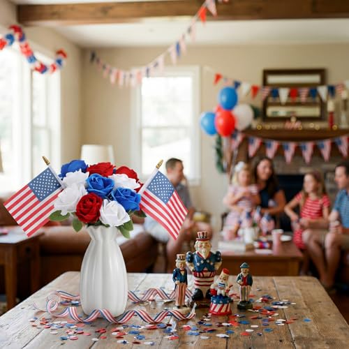 Tigeen 14 Pcs 4th of July Decor Red White Blue Artificial Flower Patriotic Decoration Artificial Rose with 2 Flag 250th Anniversary Table Centerpieces for Memorial Veterans Independence Day Home Decor - style: Roses