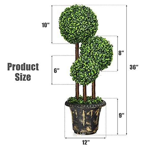 Goplus 3 Ft Artificial Boxwood Topiary Tree, 2 Pack Fake Greenery Plants Triple Ball Tree, Leaves & Cement-Filled Plastic Flower Pot Decorative Trees for Home, Office, Indoor and Outdoor Use - size: 3 Ft