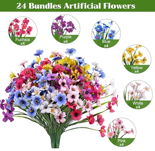 Bassion 24 Bundles Artificial Flowers for Outdoors Decoration, UV Resistant Mixed Color Silk Fake Faux Flowers Artificial Plants for Hanging Basket Outside Window Box Porch Garden Home Decor - color: Multi Color