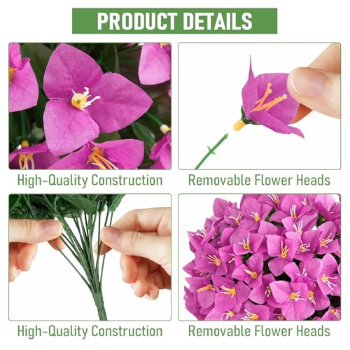 ATTGREAT Artificial Bougainvillea for Outdoors Faux Plants UV Resistant Flowers Fake Plastic Plants Realistic Silk Flowers for Porch Planter Garden Outside Hanging Decoration, 2Pcs (Purple Red) - color: Purple Red