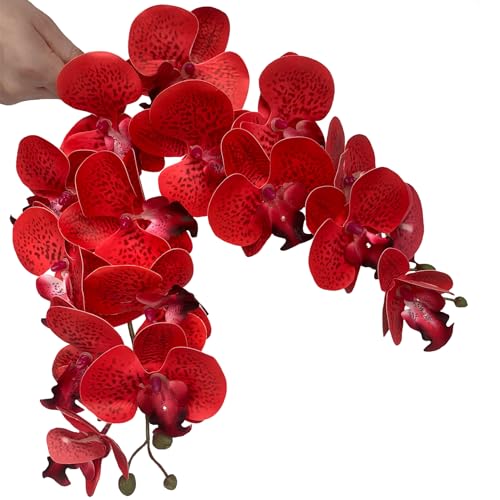 FagusHome 32 Inch Artificial Phalaenopsis Flowers 6 Pcs Artificial Orchid Flowers Stem Plants for Home Décor (Red Piebald) - color: Red Piebald