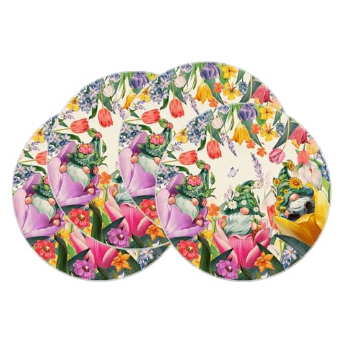 XCHI Tulips Gnomes Flowers Spring Round Placemats Set of 4 Summer Table Mats for Party Home Kitchen Dining Table Decorations 14x14 Inch - size: Round Set of 4 (14x14 Inch)
