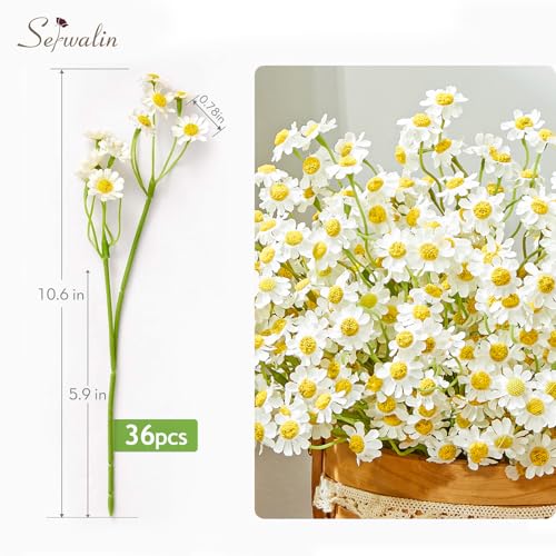 Serwalin 36pcs Small White Daisy Flowers Artificial Bouquet, Realistic Faux Silk Daisies Fake Wildflower with Stems for Wedding, Table Decorations, DIY Home Party (Basket Not Included) - color: White, size: 36PCS