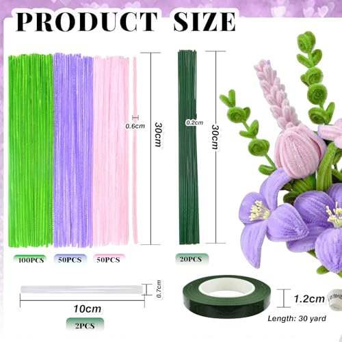 TOAOB 200pcs Pipe Cleaners Craft Supplies DIY Bouquets Making Thick Chenille Stems Artificial Flowers Craft Supplies for DIY Art and Crafts Home Decorations Light Pink Light Purple Light Green - color: Light pink/Light purple/Light green