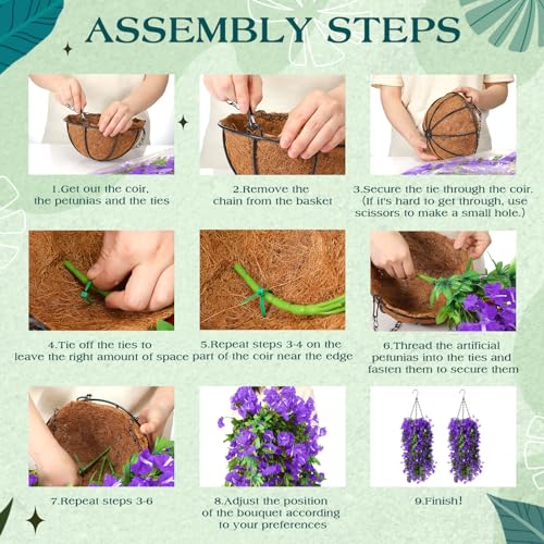 Hotop 2 Set Artificial Flowers with Hanging Basket Includes 6 Pcs Morning Glory Vines Faux Outdoor Hanging Plants Waterproof UV Resistant Fake Flowers for Patio Spring Summer Decor(Purple) - color: Purple