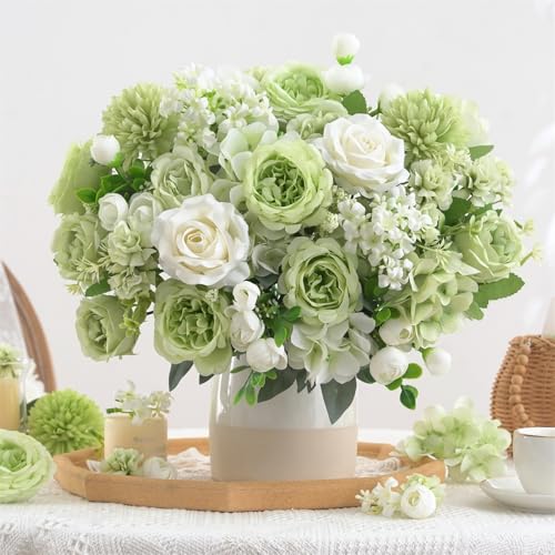 8 Pcs Mixed Artificial Peony Flowers Set-4 Bouquets & 4 Stems, Green Fake Peony Rose Hydrangea Flower for Vase Silk Floral Arrangements for Table Centerpiece Wedding Party Bridal Decoration Home Decor - color: Green, size: Mixed 8pcs