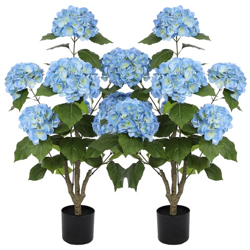 Nafresh 3FT Real Touch Faux Hydrangea Tree Outdoor, 2 Pack Blue Hydrangea Tree Artificial with Vibrant Blooms, Faux Hydrangea Bush for Indoor Outdoor Home Front Porch Pation Decor - color: Blue, size: 3ft