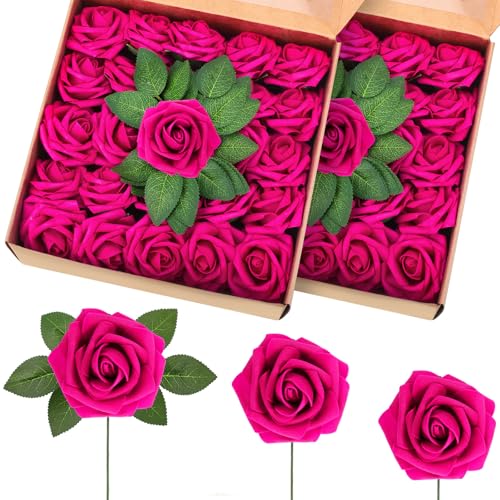 100 Pcs Artificial Foam Rose Flower Faux Bouquet Wedding Fake Rose Gift for Mother's Day Women DIY Bridal Shower Party Table Birthday Home Spring Decor (Hot Pink) - color: Hot Pink