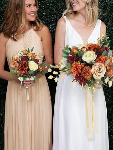 Laelfe 12 PCS Artificial Flowers Roses Silk Flowers Fake Long Stem Artificial Roses for Home Wedding Bathroom Kitchen Decorations(Brown Orange) - color: Brown Orange