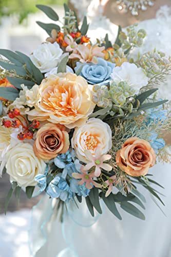 rongflower Artificial Flowers Combo Fake Silk Flowers Fall Bouquets for DIY Wedding Bouquets Centerpieces Party Baby Shower Home Decorations (Blue White) - color: Blue White