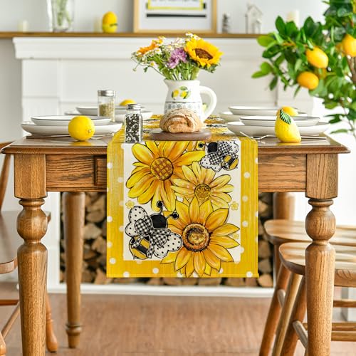 Artoid Mode Sunflower Bee Flower Polka Dot Summer Table Runner, Seasonal Kitchen Dining Table Decoration for Indoor Party Home 13x72 Inch - color: Beige-yellow, size: 13" x 72", Table Runner