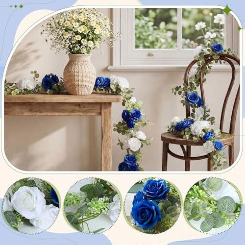 Riceshoot 6 Pcs 26 ft Artificial Eucalyptus Vines Garland with Flowers Faux Floral Greenery Garlands Rose Wreath for Wedding Party Arch Table Decor Backdrop Decorations (Blue and White) - color: Blue and White