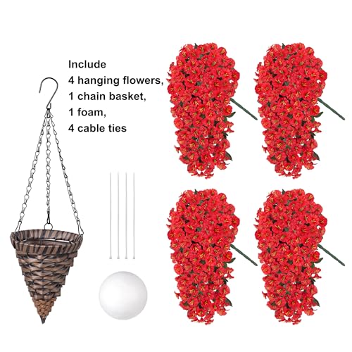 HyeFlora Artificial Fake Red Hanging Flowers Plants Baskets for Outdoor Winter Christmas, Faux Silk UV Resistant Look Real Morning Glory Vines for Outside Porch Patio Balcony Garden Yard Home Decor - color: Red Morning Flory