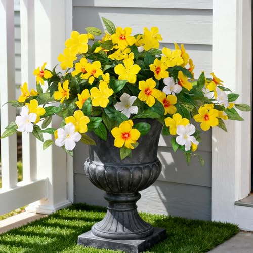 INXUGAO Artificial Hanging Faux Flowers for Outdoors Planters 2PCS Fake Flowers Silk Hibiscus Flowers for Outside Outdoor Faux Hanging Plants UV Resistant Spring Home Front Porch Decoration - color: Mt Azalea H-mix Yellow White