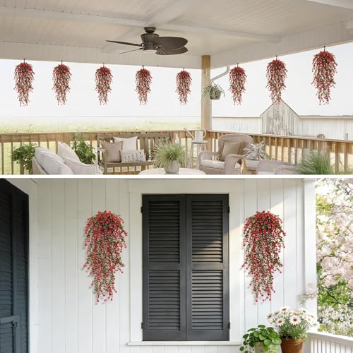 12 Pcs Red Hanging Flowers Artificial Hanging Plants Faux Eucalyptus Greenery Trailing Vines UV Resistant Plastic Plants for Indoor Outdoor Wall Garden Front Porch Home Decor - color: Red-12pcs