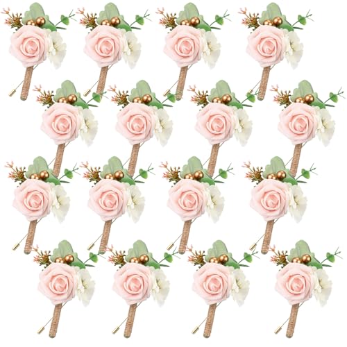 Crowye 16 Pcs Boutonniere for Men Wedding with Pins Set Groom and Groomsmen Ceremony Anniversary Corsage Wedding Flowers Artificial Bouquets for Formal Dinner Party Fall Vintage Prom (Blush Pink) - color: Blush Pink