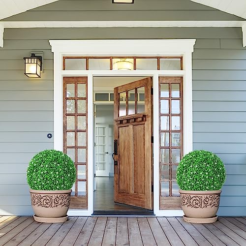 Goplus 2 PCS 19.5 Inch Artificial Plant Topiary Ball, Round Holly Faux Boxwood Balls Outdoor with White Flowers, Garden Spheres Decorative for Front Door, Porch, Backyard, Balcony, Patio, Wedding - size: 19.5 Inch