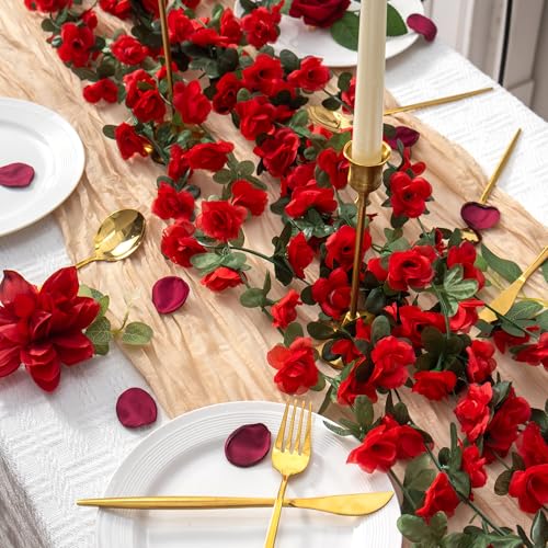 BSMYBO 5Pcs 41FT Artificial Red Flower Garland, Fake Hanging Flower Vines Wine Red Rose with Green Leaves, Faux Silk Flower for Backdrop Decoration Tea Party Wedding Birthday Anniversary Bedroom - color: Wine Red, size: 5pcs