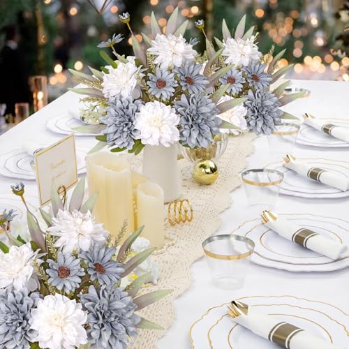 Dremisland Artificial Flowers Bouquet Silk Blue Flowers Fake Floral Arrangements Faux Blue and White Flowers Plant Wedding Bride Bouquets Floral Tables Centerpieces for Home Decor Indoor Vase Table - color: Blue White