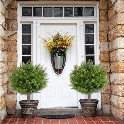 24" Artificial Cedar Topiary Ball Tree Set of 2, UV & Fade Resistant Fake Evergreen Shrubs, Faux Cypress Plants for Indoor Outdoor Front Porch Garden Decor - color: Cedar Tree
