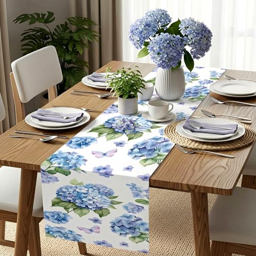 Boao 6 Pcs Plastic Hydrangea Table Runner 14 x 108 Inch Spring Floral Table Runner Watercolor Flower Butterfly Decoration for Women Spring Wedding Bridal Shower Easter Birthday Party Supplies - color: Blue, style: Hydrangea