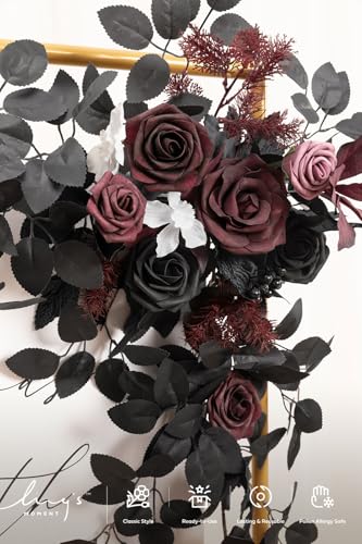 Ling's moment Wedding Artificial Welcome Sign Flowers Swag Arch Floral Garland Decorations Black Burgundy Ceremony Reception Entrance Entryway Party Banquets Easel Wall Home Outdoor(NOT Include Sign) - color: Black & Burgundy