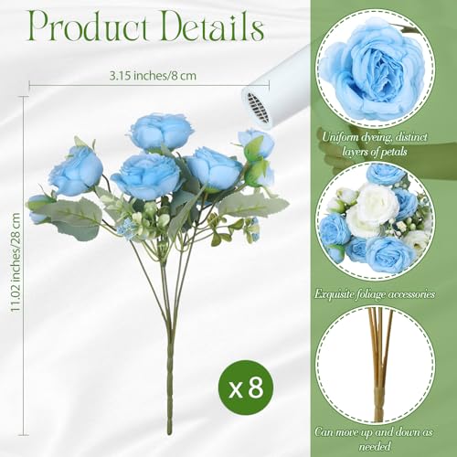 Geosar 8 Bundles Artificial Peonies Flowers Fake Silk Peony Bouquet Faux Peonies Flowers Bulk for Decoration Vase Floral Arrangements Wedding Party Table (Blue,White) - color: Blue, White