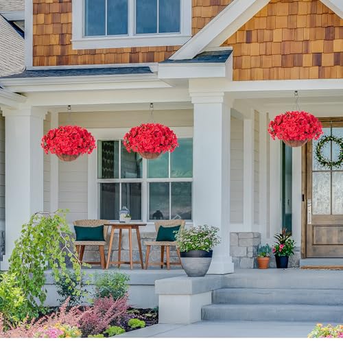 Artificial Fake Hanging Flowers for Outdoors Basket Spring Decor, Bougainvillea Faux Hanging Plants Outdoor Silk Flower in Planter Look Real UV Resistant for Outside Porch Patio Garden Yard Home, Red - color: Red-new