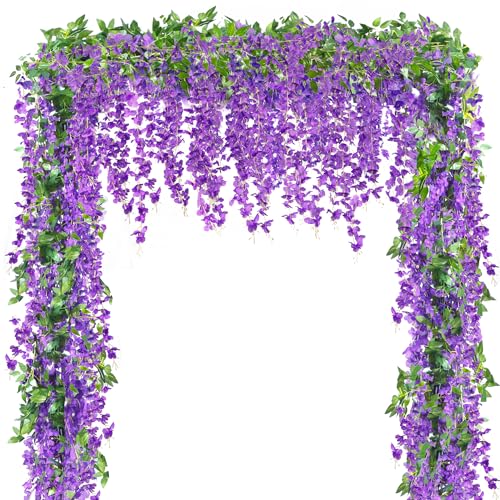 Sggvecsy 6Pcs Wisteria Garland Artificial Flowers Garland Fake Hanging Wisteria Vines Rattan Silk Hanging Flower Vines for Home Garden Outdoor Wedding Arch Party Ceremony Total 35.4Ft (Purple) - color: Purple