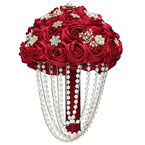 Handmade Satin Rose Water Drop Bridal Bouquet,8.7inch Crystal Wedding Round Tossing Bouquet,Jewelry Proposal Bridesmaid Bouquet Groom Corsage Bride Wrist Flower Ivory (26#red) - color: 26#red