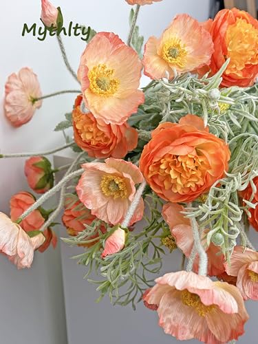 Set of 6 Poppies Flowers Artificial Silk Flowers with Long Stems Faux Wildflowers Bouquet for Vases Oil Pastel Style for Wedding Party Indoor Home Office Decor (Gradient Coral) - color: Gradient Coral