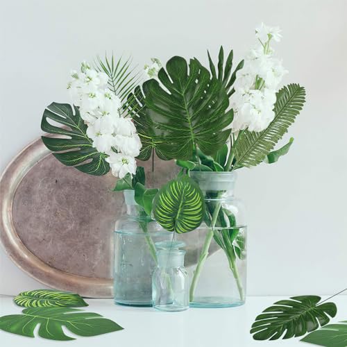 60 Pieces 4 Kinds Artificial Palm Leaves with Faux Stems Tropical Plant Leaves Monstera Leaves Safari Leaves for Hawaiian Luau Party Jungle Beach Table Leave Decorations
