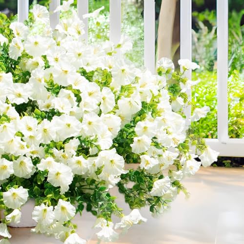 Artificial Fake Flowers For Outdoor Outside Decoration,16 Bundles UV Resistant Faux Plastic White Flowers with Green Eucalyptus Stem Plants Bulk Look Real for Home Porch yard Patio Planters (White) - color: White