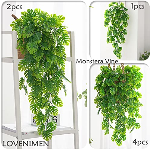 Artificial Hanging Plants 2 Pack, Monstera Leaves Fake Vine Ivy Leaf Green Rattan Greeny Tropical Palm Outdoor UV Resistant Plastic Plants for Bedroom Home Garden Office Wedding Décor - color: Monstera Vine - 2pcs