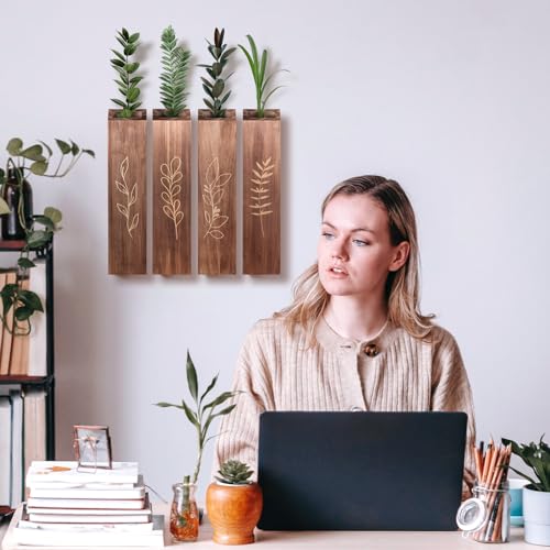 4 Pack Wood Indoor Wall Planter, Modern Boho Wall Decor for Living Room Bedroom, Farmhouse Pocket Vases for Dried Flowers and Faux Greenery Plants - Brown - color: Brown