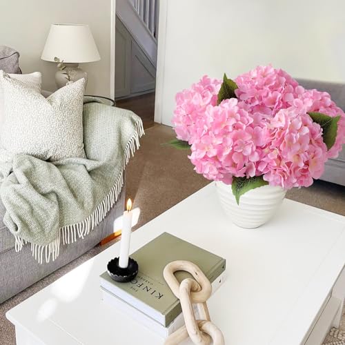 JINWOE 5pcs Pink Silk Hydrangea Fake Flowers, 20Inch Large Lifelike Artificial Flowers Bouquets Faux Hydrangea Stems for Home Wedding Party Table Core Indoor Home Decoration - color: Pink