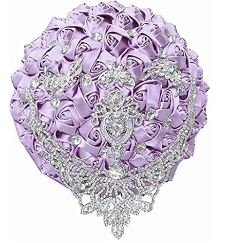 Handmade Luxury Wedding Bridal Bouquet Large Silk Rose Holding Toss Artificial Flowers Bouquets with Satin Ribbon Pearls Rhinestone for Bride Vintage Royal Wedding Bouquet (Light Purple) - color: Light Purple