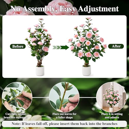 2 Pack 38" Artificial Camellia Tree, Artificial Plants Outdoor Faux Plants in Pot, Artificial Flower for Outdoors Front Porch Decor, Fake Tree Plant Faux Flowers for Indoor Outdoor Home Decor, Pink - color: Pink