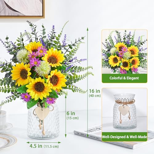 MARTINE MALL Fake Flowers in Vase, Sunflowers Artificial Flowers, Faux Flowers in Vase Centerpiece Table Decorations Silk Sunflower Bouquet Table Centerpieces for Dining Room Coffee Table Decor - color: Yellow Sunflower