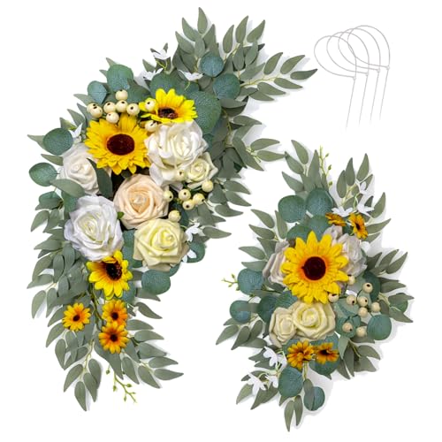 AitnWoy Artificial Wedding Arch Flowers Kit 2 PCS Dust Rose Flowers Silk Peony Floral Swag Welcome Sign for Wedding Ceremony Party Home Garland Decor - color: Sunflower Yellow, size: 28" + 11"